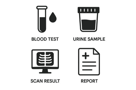 Medical icons illustrating blood test, urine sample, scan result, and report