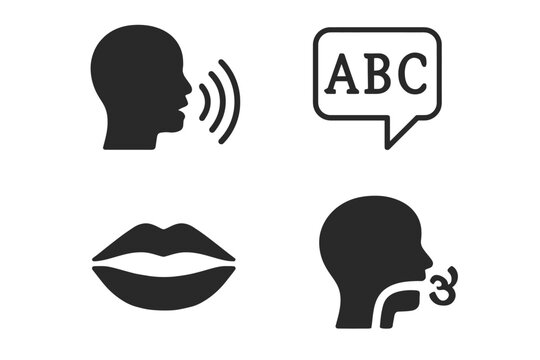Speech and language icons: silhouette of speaking profiles and alphabet