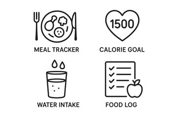 Meal tracking, calorie goals, water intake, and food log icons for healthy living