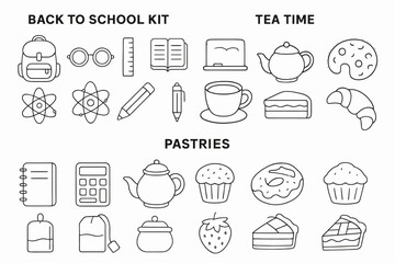 Back to school kit and tea time with pastries line art collection