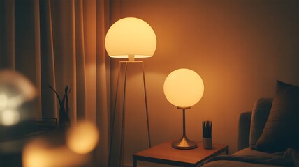 Two glowing spherical lamps illuminate a cozy room with warm light lighting interior