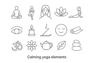 Calming yoga elements: meditation, relaxation, and mindfulness icons
