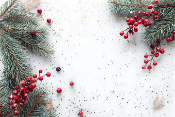 Festive winter scene with evergreen branches and red berries on a snowy background.