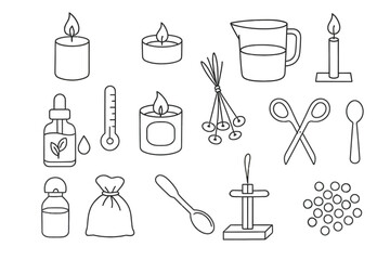 Outline icons of candles, essential oils, and aromatherapy tools