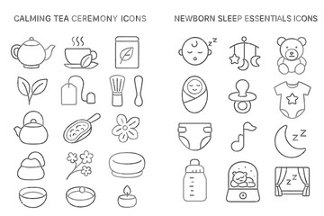 Fototapeta premium Tea ceremony and newborn sleep essentials icons in simple line art style