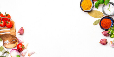 Healthy Food and cooking with spices background, Asian kitchen, white copy space, top view