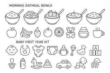 Morning oatmeal bowls and baby first year kit line art collection