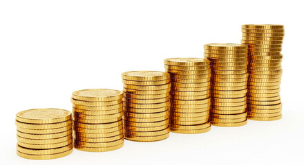  Growing Stacks of Coins Forming an Upward Trend Chart on a White Background