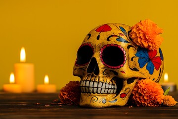 Mexican skull surrounded by bright orange marigolds and candles in yellow background
