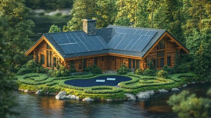 Obraz premium Wooden cabin with solar panels on an island