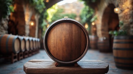Wooden wine barrel in old cellars