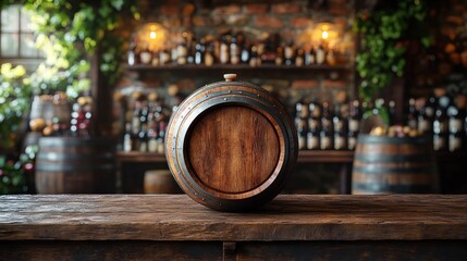 Wooden wine barrel on rustic bar top, with shelves of bottles and barrels in background