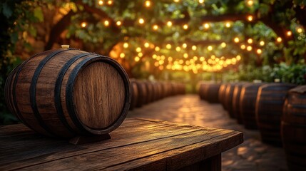 Wooden wine barrel on table, vineyard setting