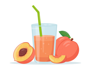 Fresh Peach juice in glass, whole peach fruit, half and piece. Diet vitamin juice or smoothie. Detox fruit cocktail for healthy dieting. Vector illustration isolated on white background.