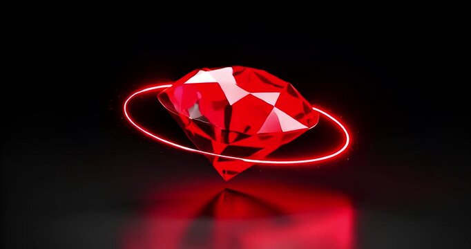 Animated 3 d ruby jewel with red neon ring on black background