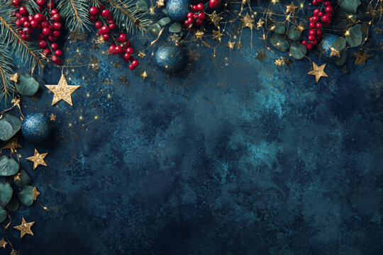 Festive Christmas border with blue ornaments, red berries, and gold stars on a dark textured background. - Powered by Adobe