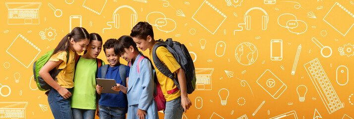 A group of five children is gathered around a tablet, showing excitement and curiosity. They are in a school setting, surrounded by illustrations of learning tools against a bright yellow background.