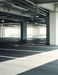 Empty indoor parking garage with strong diagonal light and shadows