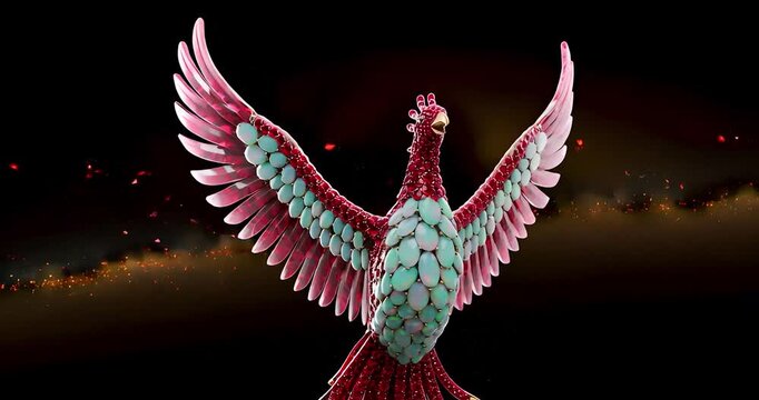 Animated colorful phoenix bird rising from fire with wings spread