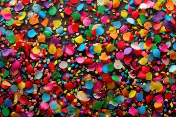 A colorful explosion of confetti showcasing vibrant circular shapes spilling across a dark backdrop reflecting festivity and celebration evoking feelings of joy and excitement in a vivid display