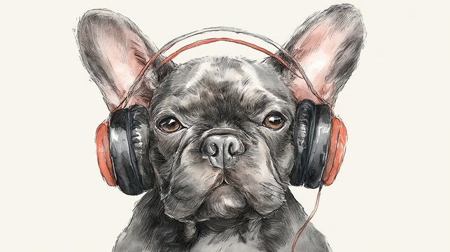 A watercolor portrait of a French bulldog wearing headphones, lost in music. Perfect for t-shirt graphics and dog lover designs.
 
