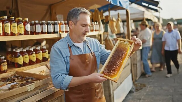 Farmer selling honey at a farmers market.