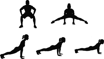 Exercise silhouettes, fitness poses, workout stances, plank position, stretching figures, bodyweight training, gym activity, healthy lifestyle, physical exercise, flat vector