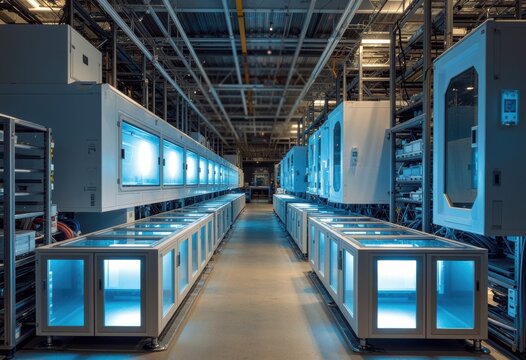 Modern data center with blue server racks and illuminated aisles
