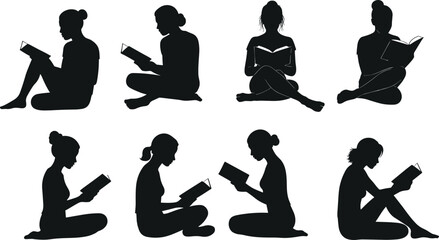 Reading silhouettes, people with books, sitting poses, education concept, leisure activity, literature lovers, student study, knowledge learning, relaxation illustration, flat vector