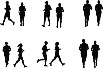 Running silhouettes, jogging pairs, fitness activity, athlete motion, healthy lifestyle, outdoor exercise, sport training, physical activity, workout design, flat vector
