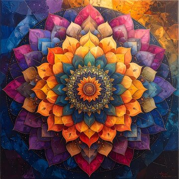 Vivid mandala with intricate layered petals radiating vibrant colors