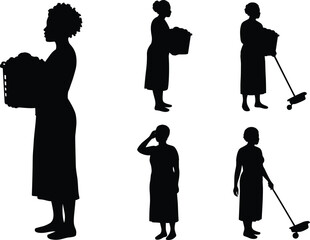 Woman silhouette cleaning and household chores, domestic worker vector illustration, sweeping floor, holding basket, daily routine, home activity, lifestyle flat vector