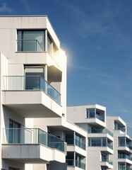 Modern white apartment building with glass balconies under blue sky