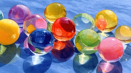 Vibrant multicolored translucent spheres reflecting light on a bright blue surface, creating beautiful shadows and an abstract pattern.