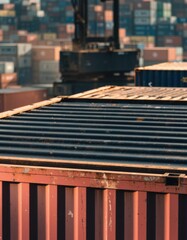 Cargo containers and stacked shipping crates at a busy port yard