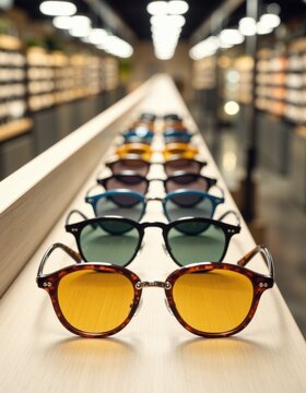 Sunglasses on a display shelf inside a store, shallow depth of field