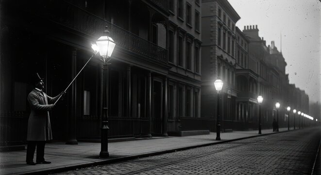 Victorian-era street scene with male lamplighter at dusk in historical urban setting