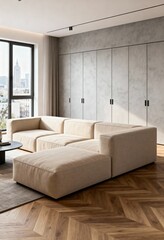 Fototapeta premium Modern living room with beige sectional sofa, concrete wall panels, and herringbone oak flooring. Flooded with natural light from floor-to-ceiling windows, creating a refined urban atmosphere. 