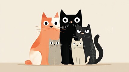 Adorable greeting card featuring feline family members. A charming vector design.
 