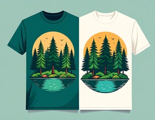 Two t-shirts nature scene with forest trees and lake view