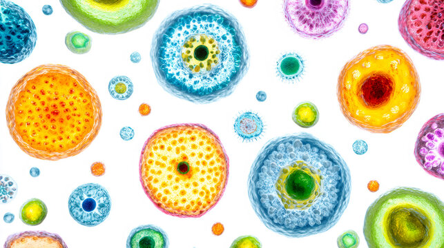 Microscopic view of colorful microorganism or cell on white background. Medical science background with bacterium or virus biology structure for healthcare.