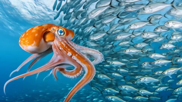 A vibrant octopus interacting with a school of fish underwater.