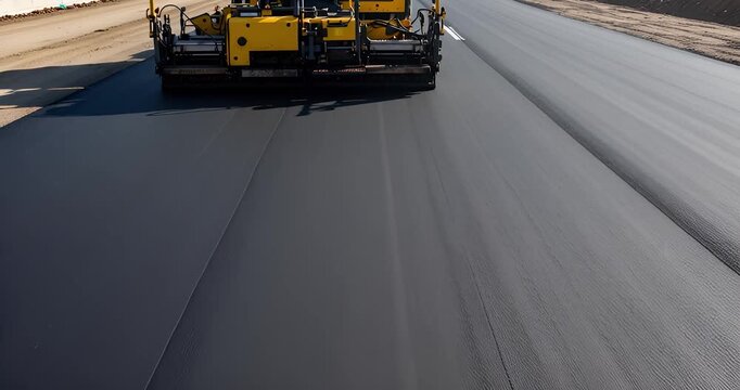 Asphalt paving machine laying fresh road surface on a sunny day