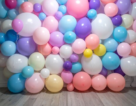 Pastel colored balloons covering a wall, with wooden floor