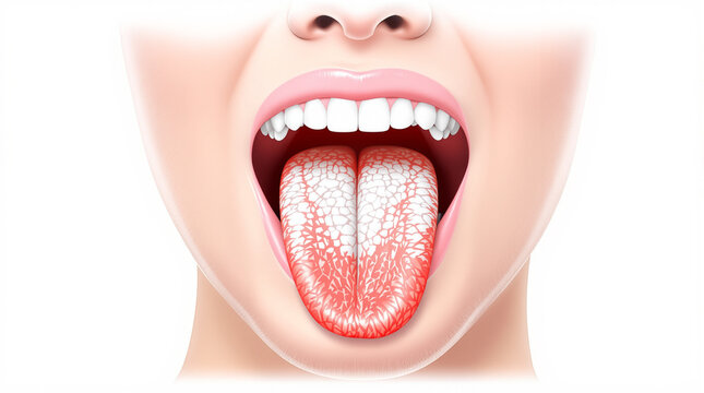Medical illustration of a human mouth with an extended tongue, depicting symptoms of oral disease like glossitis and a white coating