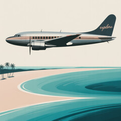 Obraz premium Vintage airplane flying over a tropical beach with palm trees and turquoise ocean Explore