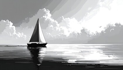 Monochrome image of a sailboat on calm waters under a cloudy sky