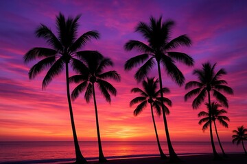 Obraz premium Vibrant tropical sunset silhouettes palm trees against a fiery magenta and orange sky over the ocean horizon. illustration