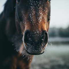 Naklejka premium Close-up of brown horse covered in frost in winter landscape 