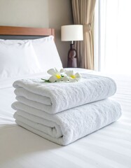 Stacked white towels with flowers on bed in well-lit room